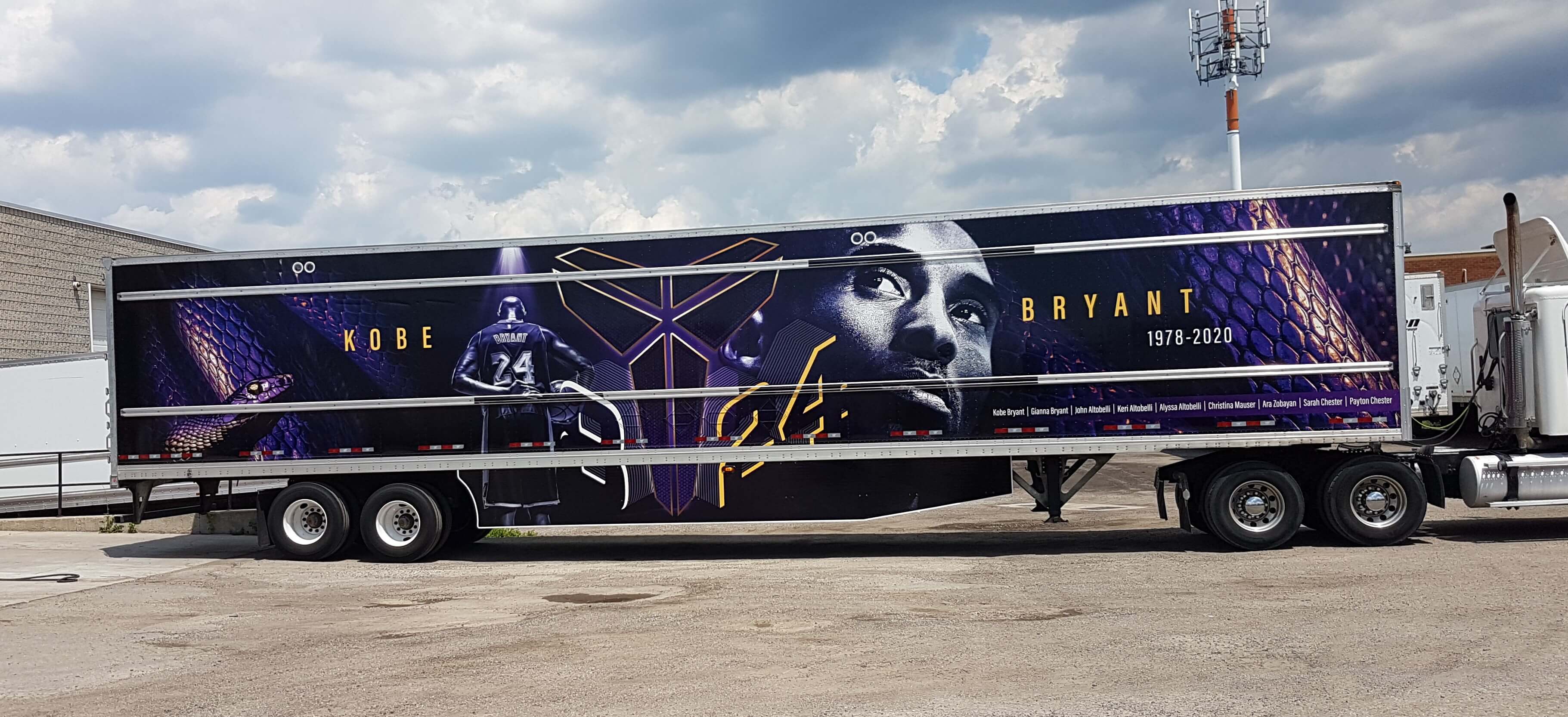 Kobe Bryant trailer wrap tribute by Turbo Images the leader in trailer wraps that delivers the most awesome trailer wraps. For a great design and custom vinyl truck or trailer wrapping job, contact Turbo Images.